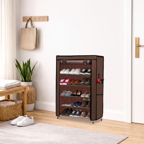 Image of Metal Shoe Stand with Cover, 5 Tier Shoe Organizer for Home & Office - Brown