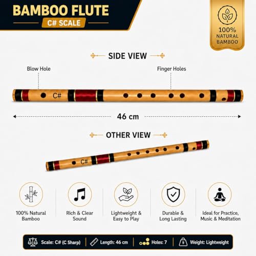 Image of Kaiden Flute | C# Bamboo Flute | Basuri in C# | 100% Natural Bamboo, 35 cm | 7 Holes, Ideal for Practice | Best For Beginner and Professional | Premium Bamboo Bansuri Flute in C# | 46 cm, Lightweight
