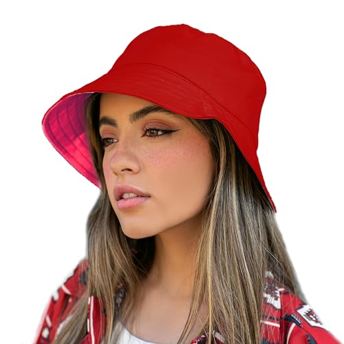 TOSKATOK® UPF 50+ Ladies Women’s Reversible Cotton Bucket Sun Hat - 2 Hats in 1-RED/Cerise