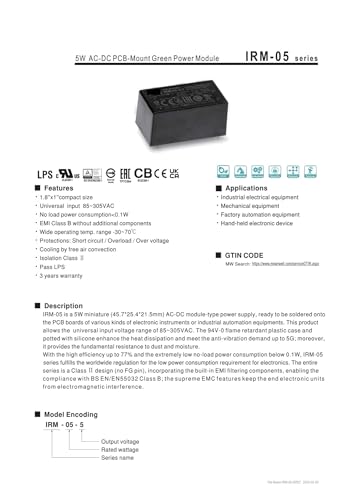 Module d'alimentation IRM-05-12 transformateur AC-DC miniature 5W 12V - 4