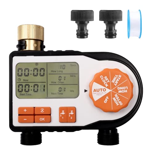 HandSonic Wassersprenger Timer, Garten Bewässerung Timer 2 Auslass, Gartenschlauch Wasserhahn Timer für Rasen, Rasensprenger Wasserschlauch Timer Dual, Auto Manuelle Regenverzögerungsmodus, Pool Cover