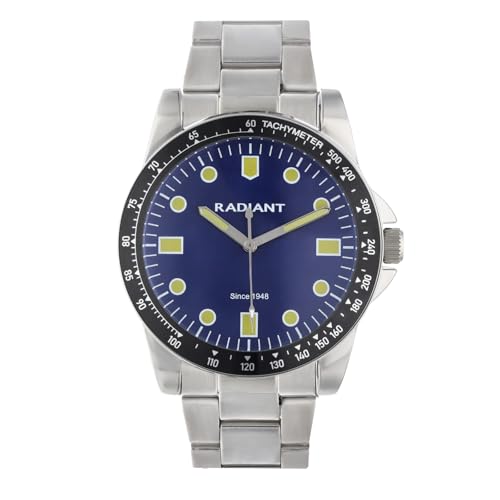 Radiant - Reloj Analógico de Cuarzo para Hombre, Caja Redondo de 43,00 mm Negro, Esfera Azul, Brazalete de Acero Plateado/Gris con Cierre Deployant, Pila Incluida, Resistente al Agua 5 ATM
