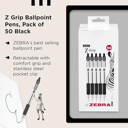Zebra Z Grip Black Ballpoint Pens, Retractable With Smooth Ink, Comfortable Grip And Pocket Clip Reliable Biro Medium Point 50 Pack Of Black - 3