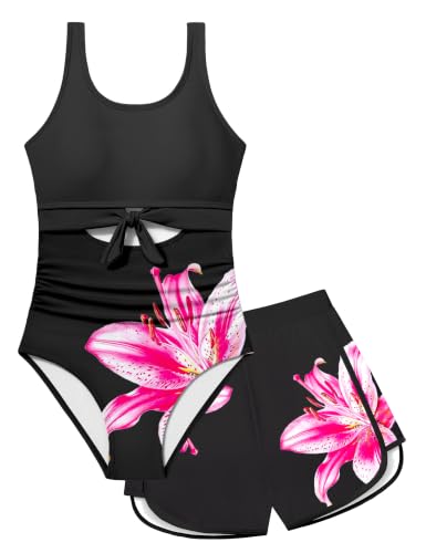 Image of Qaoerde Girls Swimsuit One Piece Swimsuits Cutout Ruched Bathing Suits Adjustable Straps Tie Girls' Swimwear 9-16Y
