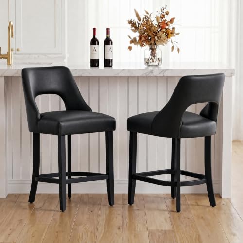 Image of UVV Bar Stools Set of 2, Modern Upholstered Counter Height Bar Stools, Faux Leather Counter Stools BarStools with Wood Legs for Kitchen Island Dining Room Bar, Black