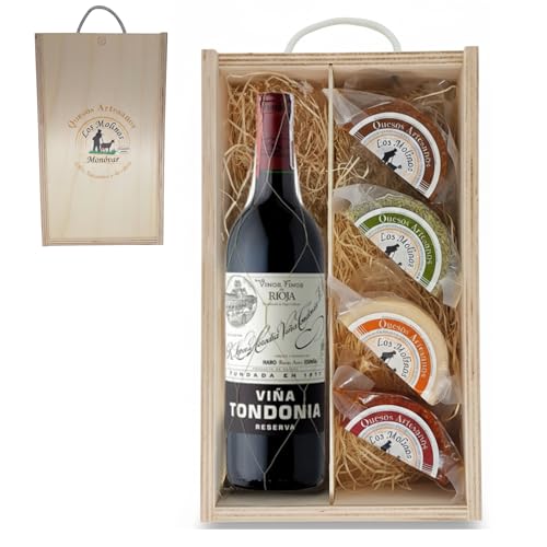 Estuche Gourmet 4 Quesos Artesanos de Leche Cabra con Botella Vino Tinto Viña Tondonia | Caja de Madera | Queso Semicurado, Romero, Pimentón y Curado | Regalo Gastronómico | Ganadería Propia