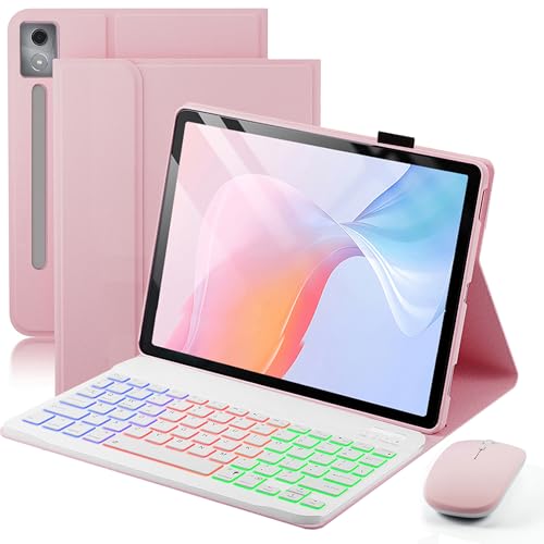 Case with Keyboard for 2025 Lenovo Idea Tab Pro 12.7 inch - Rainbow Backlit Detachable Cover with Mouse (TB373FU/TB375FC) - Pink