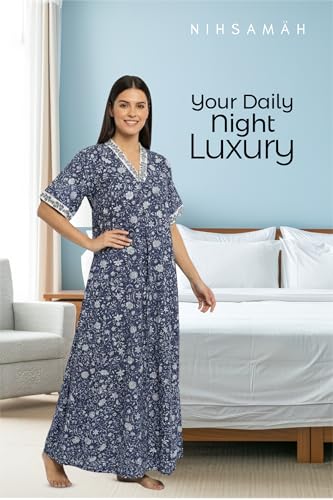 Image of NIHSAMAH Cotton Nighty for Women - Embroidered & Printed Stylish Night Gown, Comfortable Sleepwear Long Nightwear, Maxi
