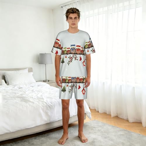 Pijama de búhos de dos piezas ropa de dormir ligera para hombre con bolsillos 3
