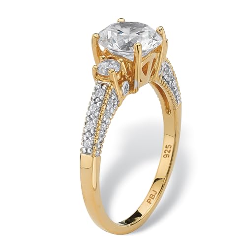 Yellow Gold-Plated Sterling Silver Round Cubic Zirconia 3 Stone Bridal Ring2