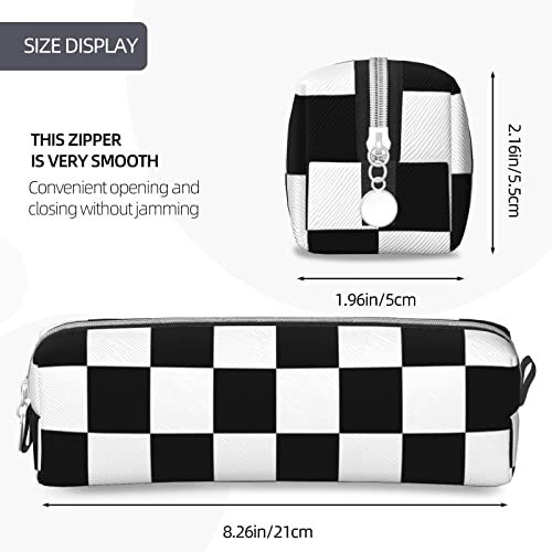 Image of Leather Pencil Case - Black White Race Checkered Flag Pattern, Stationery Bag Pen Organizer Makeup Cosmetic Holder Pouch for School Work Office College