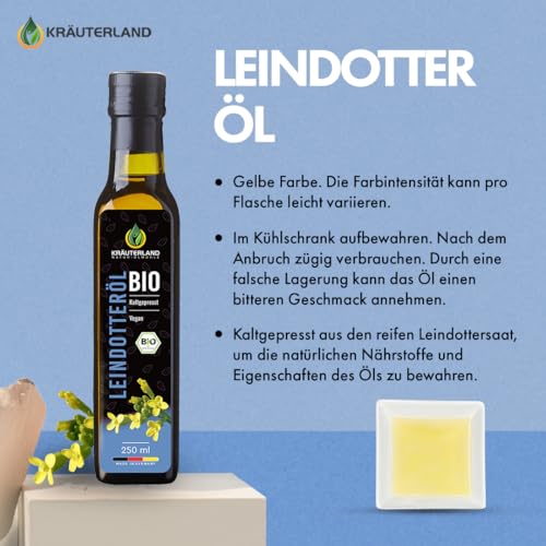 Kräuterland Bio Leindotteröl 250ml, Bio Leindotter, kaltgepresst, Rohkostqualität, reich an Vitamin E und Omega 3-6 Fettsäuren, naturrein ohne Zusatzstoffe, glasflasche, mühlenfrisch