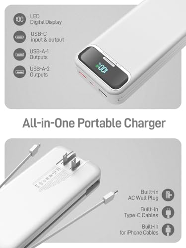 Image of Nusyddy Portable Charger 20000mAh 22.5W w /Built-in Cables & Wall Plug White | 22.5W Fast Charging, High Capacity, LED Display, Charge 5 Devices at once, TSA Approved, Compatible with iPhone /iPad /Samsung
