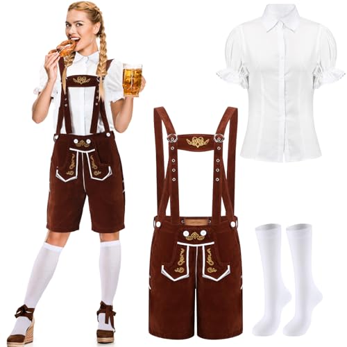 Hestya 3er Set Bierfest Kostüm Lederhose in Klassischer Trachtenform Damen Trachten Lederhose mit Bestickten Hosenträger (XL)