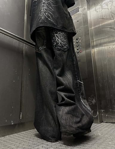 Y2K Goth Baggy Pants Wide Leg Ripped Jeans Embroidered Straight Leg Pants Vintage Hip Hop Grunge Denim Jeans 7