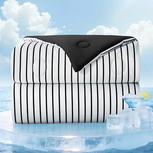 bedsmile Striped Cooling Comforter King Size, Q-Max 0.45 Reversible Cooling Blanket for Hot Sleepers, Breathable Lightweight Silk Smooth Summer Bedding, Quilted Ice Blanket, Black
