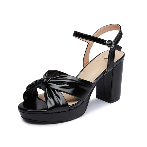 Viloporlor Women's Chunky Platform Heels with Adjustable Ankle Strap - Open Toe Bowknot Block Heel Strappy Sandals, Wedding Party Dressy Shoes Summer Sandals Black Size 10