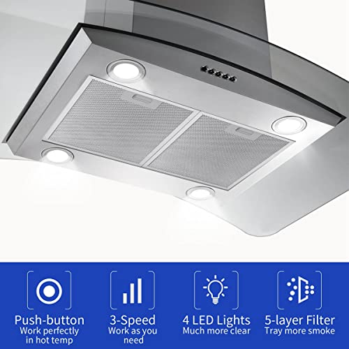 Island Range Hood 36 Inch 700 Cfm, 4 Led Lights 5-Layer Filters, Kitchen Hood Ducted/Ductless Convertible, 3-Speed Extractor Fan With Quiet Motor, Curved Tempered Glass In Stainless Steel #TOP3