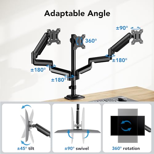Image of HUANUO Triple Monitor Mount for 13-27 inch Computer Screens, Gaming 3 Monitor Desk Mount with Arm Holds 19.8lbs, Triple Monitors Stand with Tilt, Swivel, Rotation, VESA 75x75, 100x100mm