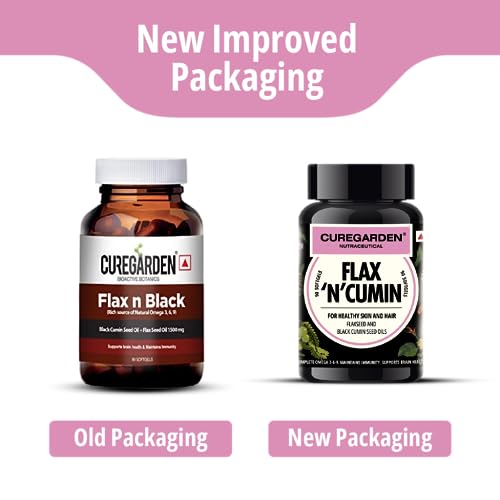 Image of Curegarden Flax 'N' Cumin - Flaxseed Oil Capsules with Black Cumin Oil - Softgels for Healthy Hair & Skin - Dairy & Gluten Free - Certified - 500mg - 90 Capsules