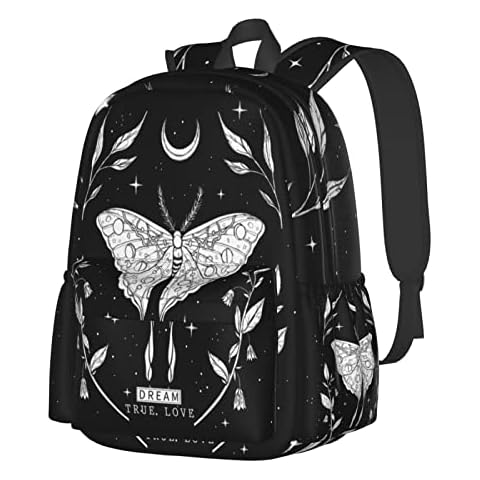 SUPLUCHOM School Backpack Black White Butterfly Moon Tarot Casual Daypack Men Women Polyester Laptop Bag with Side Pockets Bookbag for Travel Hiking Work Student Over 3 Years Old Kids Cover