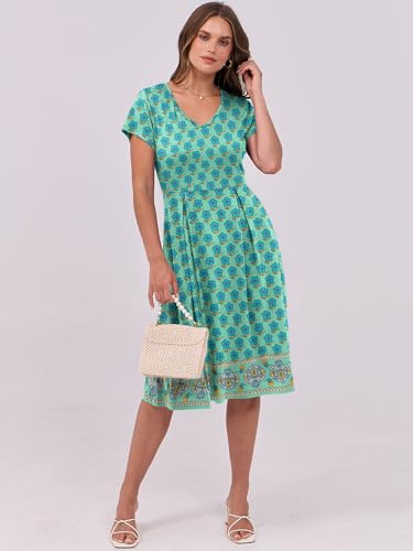 Image of ANRABESS Women Summer Dress Casual Short Sleeve V Neck A-Line Knee Length Pleated Flowy 2026 Fashion Midi Dresses with Pocket