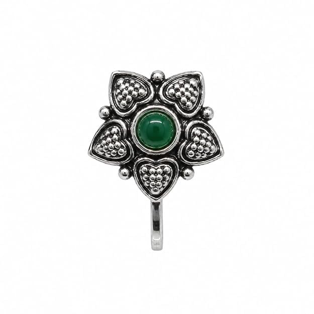 Jewellery adorable Oxidised silver finishing Green Stone stud floral Heart Design Nose Pin | Ring | Without Piercing | Adjustable | Nose Ring | Nathiya|Nathani | For Festival |Navratri For womens & Girls.-image-46
