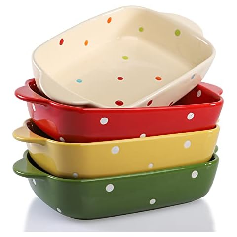 AVLA 4 Pack Porcelain Baking Dish, 7 Inch Ceramic Rectangular Small Baking Pan Baking Ramekin with Double Handles, 18 OZ Individual Baking Pans for Lasagna, Casserole Dish, Polka Dot Cover