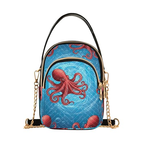 Red Octopus Bubbles Blue Sea Womens Shoulder Handbag Chain Strap Wallet Phone Purse Floral Print Ladies Crossbody Satchel Bag, 5.9
