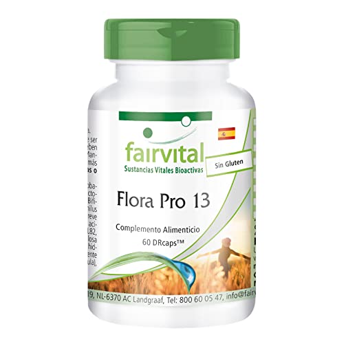 Fairvital | Flora Pro 13 - Probiótico con 13 Cepas Bacterianas - Lactobacilos + Bifidobacterias + Streptococcus + Inulina - Liberación retardada - 60 Cápsulas - Calidad Alemana