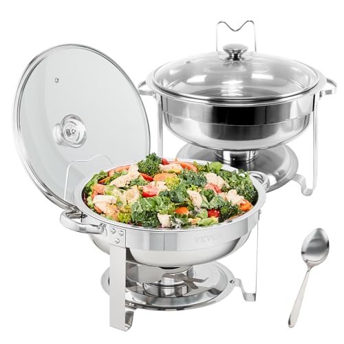 VEVOR Chafing Dish Buffet Set, 4 Qt 2 Pack, Stainless Steel Chafer w/ 2 Full Size Pans, Round Catering Warmer Server w/Vented Glass Lid Water Pan Stand Fuel Holder Hook Spoon, at Least 4 People Each
