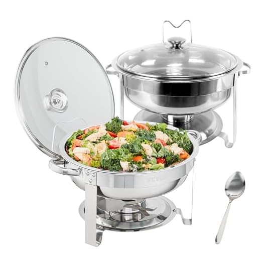 VEVOR Chafing Dish Buffet Set, 4 Qt 2 Pack, Stainless Steel Chafer w/ 2 Full Size Pans, Round Catering Warmer Server w/Vented Glass Lid Water Pan Stand Fuel Holder Hook Spoon, at Least 4 People Each