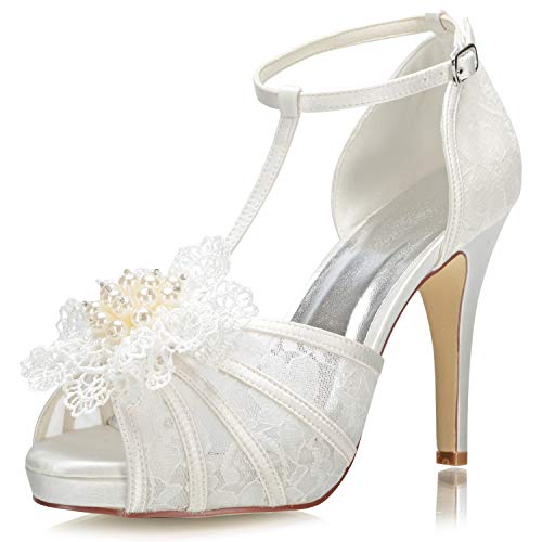 JIAJIA 154813 Women's Bridal Shoes Peep Toe 4.1'' High Heel Lace Satin Pumps Flower Wedding Shoes