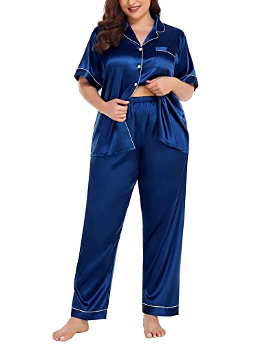 Image of SWOMOG Women's Plus Size Pajamas Silk Satin Pajama Set Short Sleeve Shirt with Full-Length Pants Pjs Sleepwear Set 18W-26W