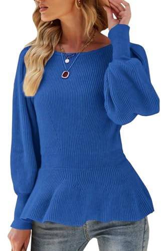 Image of Womens Fall Puff Sleeve Peplum Casual Slim Fit Knit Pullover Sweater Jumper Tops