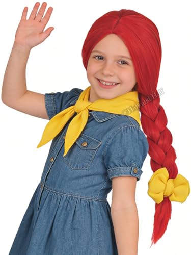 Red Braided Center Part Cosplay Wig and Yellow Bow 23.6 Long Vibrant Red Braid CowGirl Costume Wigs for Halloween Party