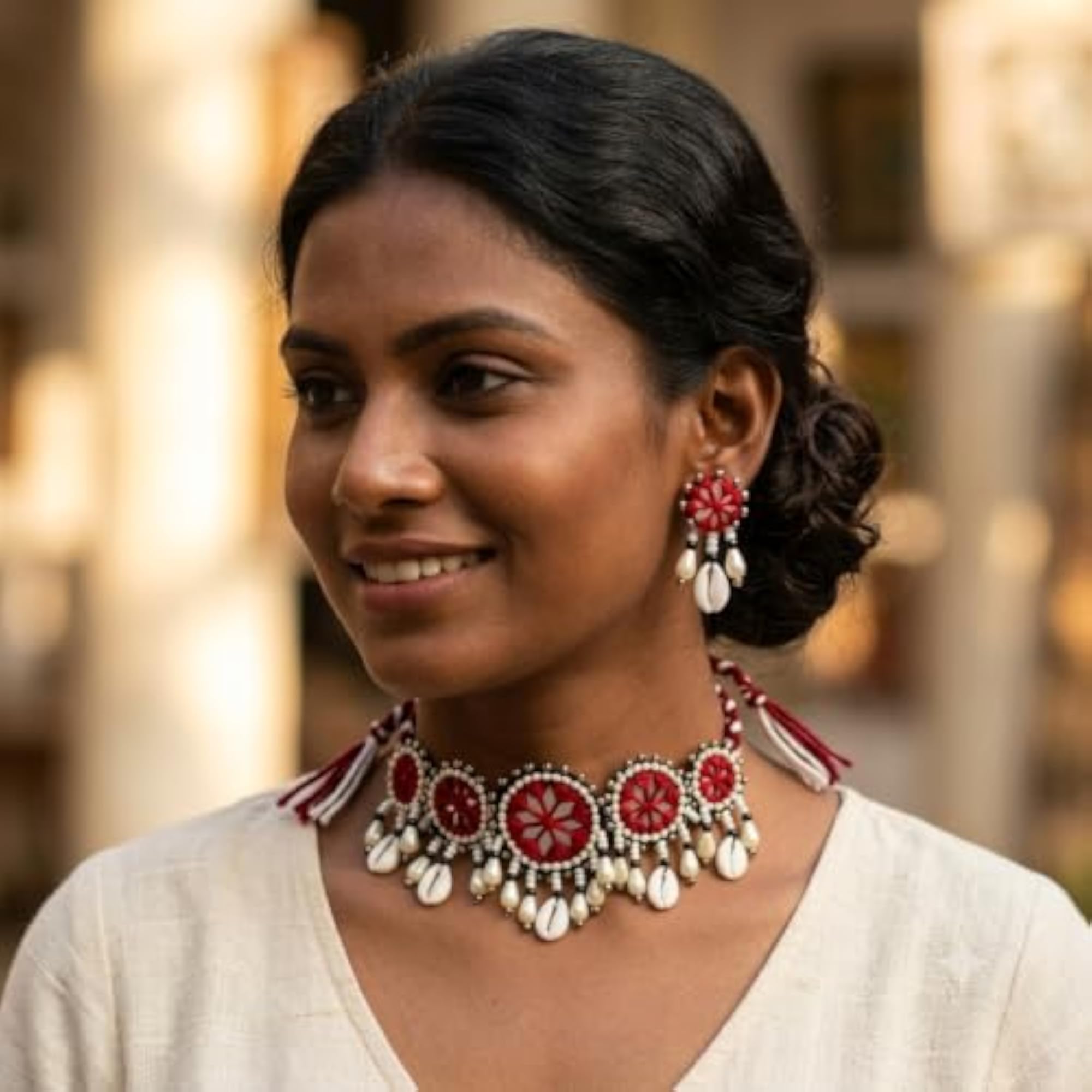 Handcrafted Maroon Traditional Mirror & Woolen Thread Jewelry Set for Women