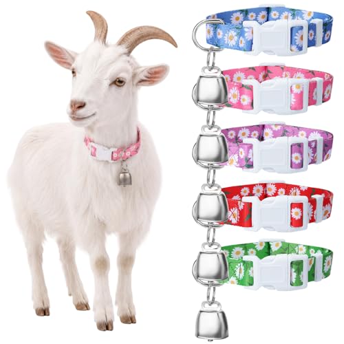 5 Pack Floral Goat Collars with Bells Adjustable Grazing Collar with Copper Bells Anti-Lost Loud Bronze Bell for Farm Animals Sheep Cows Goats Accessories