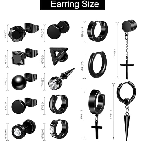 ONESING 15 Pairs Black Earrings for Men, Stainless Steel Mens Earrings set with Studs Hoop Earring Cross Dangle Earrings Hypoallergenic Ear Piercing Jewelry for Men Women2