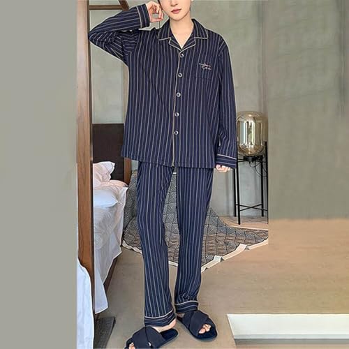 Mens Cotton Pajama Set, Long Sleeve Soft Pajamas for Men Lapel Neck Button Down Top and Pants Pajama Set with Pocket2