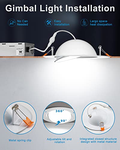 6Pack Of Gimbal Recessed Lighting 6 Inch, Adjustable Angled 6In Led Recessed Lighting 3000K/4000K/5000K Dimmable, Retrofit Eyeball Directional Ceiling Light For Picture Wall 12W=120W 1200Lm-Ic Rated #TOP4