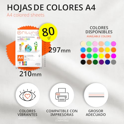 Buntes Papier, 50 Blatt A4 80g – Farbiges Papier für Basteln, Drucker, Scrapbooking – Farbbögen – Ideal für Origami, Papierfalten, Büro und Schule (Orange, 50 Blatt)