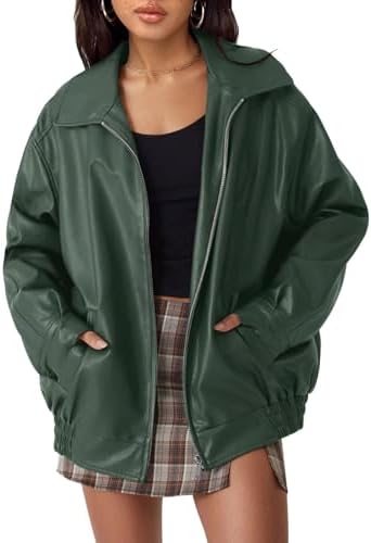 AUTOMET Women's Oversized Faux Leather Jacket - Fall Motorcycle Style Coat with Zipper Closure