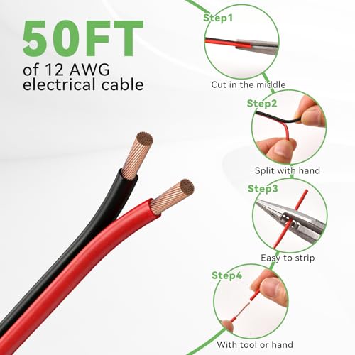 12 Gauge Wire, 12 AWG Electrical Wire Cable, 2 Conductors Red Black Wire, Copper Clad Aluminum(CCA) Flexible PVC Extension Cord for Speaker, Hookup LED Strips, Automotive 12V/24V DC (50FT)