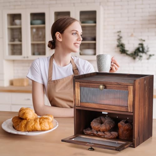 Récipient de rangement en bois Cabilock grande capacité double couche pour pain