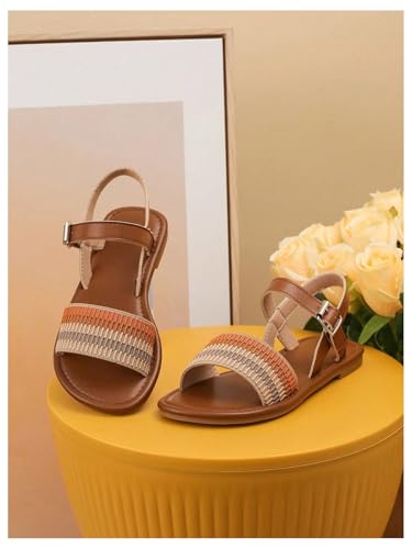 GORGLITTER Girl's Striped Flat Sandals Open Toe Ankle Strap Cute Slide Sandals Vacation Shoes4