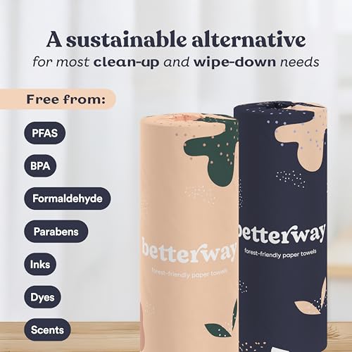 Image of Betterway Bamboo Paper Towels - 24 Rolls, 2 Ply - Plastic Free, Disposable Kitchen Paper Towels - Select Size, Tree Free, Compostable, Strong & Absorbent