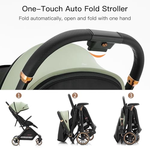 Image of Gromast Gravity Folding Baby Stroller - Portable Travel Toddler Stroller w /Adjustable Backrest, Canopy & Cup Holder, Lightweight and UV Protected, One-Hand Automatic Folding - Green