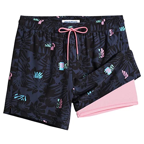 maamgic Mens Swim Trunks with Compression Liner 5" Stretch Beach Shorts Quick Dry with Zipper Pockets No-Chafing Board Shorts