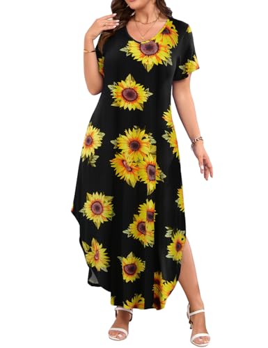Image of JollieLovin Womens Plus Size Casual Summer Maxi Long Dress Short Sleeve T-Shirt Loose Sun Dress(L-5X)